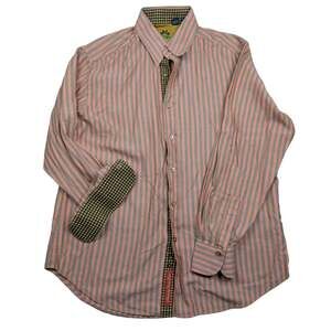 Robert Graham Orange Gray Stiped Men's Dress Shirt Med. Contrasting Cuff & Trim